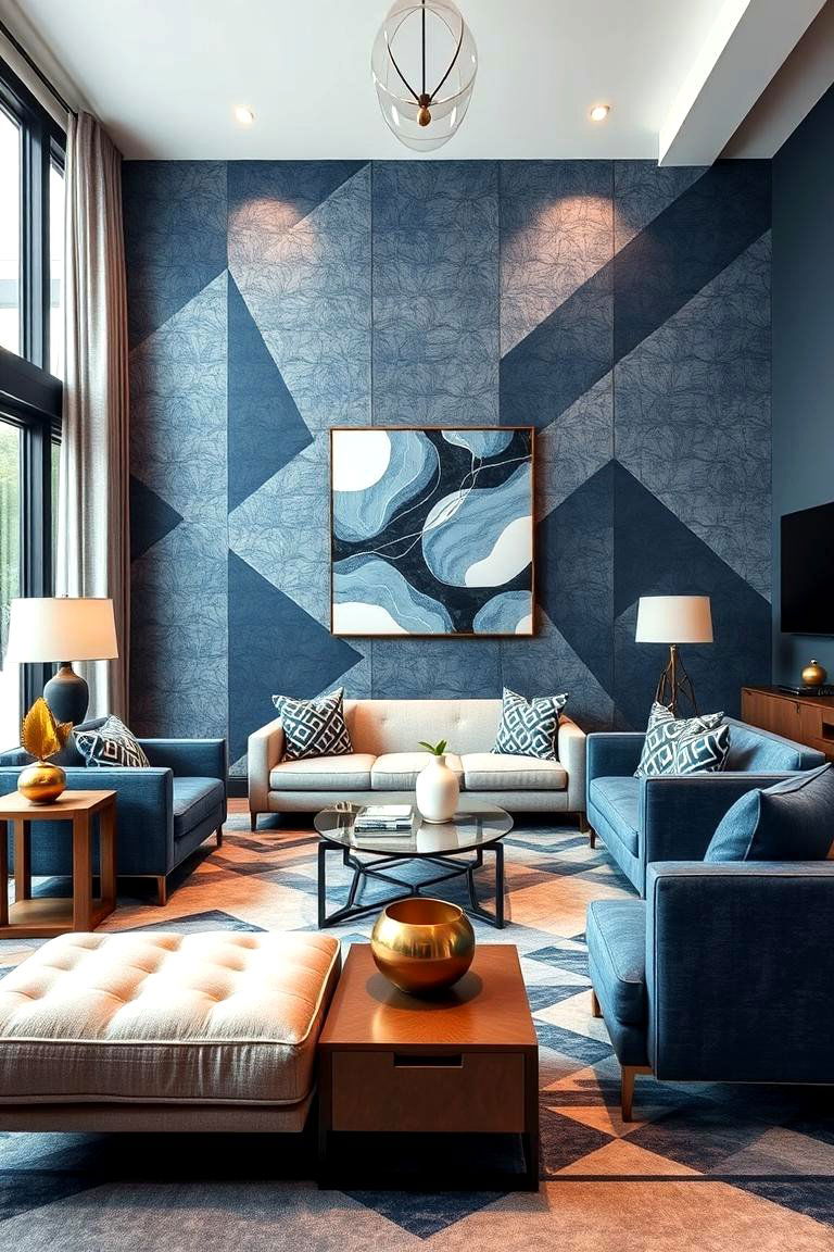 Luxe Geometric Patterned Blue and Grey Elegance - 24 Blue and Grey Living Room Ideas