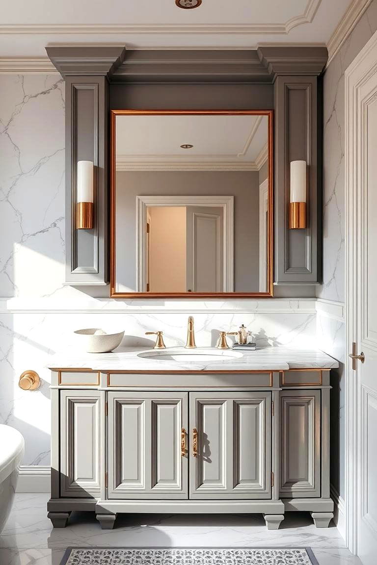 Luxe Grey Vanity with Metallic Finishes - 24 Grey Bathroom Vanity Design Ideas