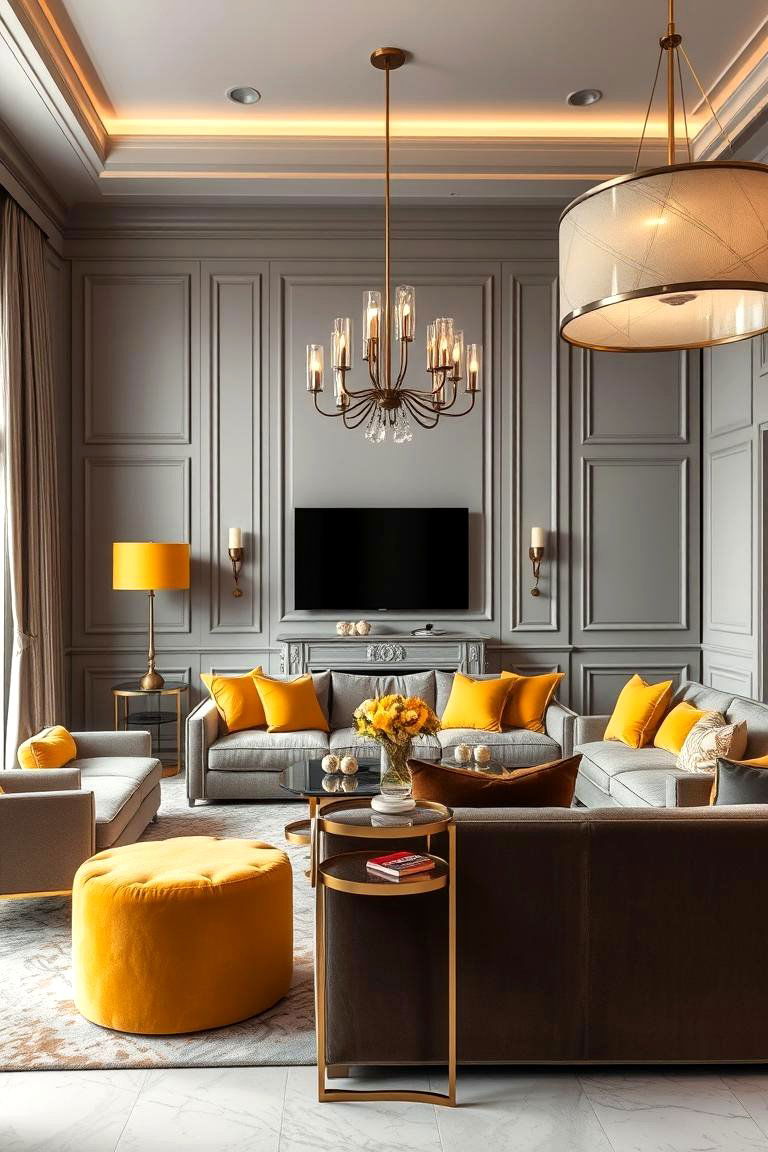 Luxe Living Grey Interiors with Golden Yellow Accessories - 24 Grey and Yellow Living Room Ideas
