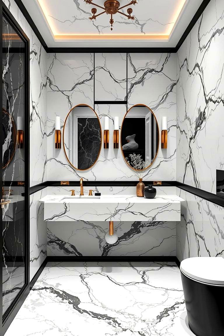 Luxe Marble and Black Powder Room - 24 black powder room ideas
