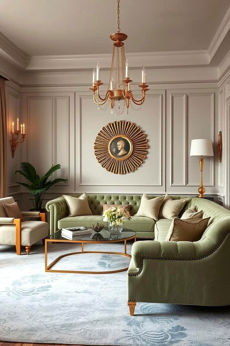 Luxe Metallic Accents Complementing Sage Green - 24 sage green couch living room ideas