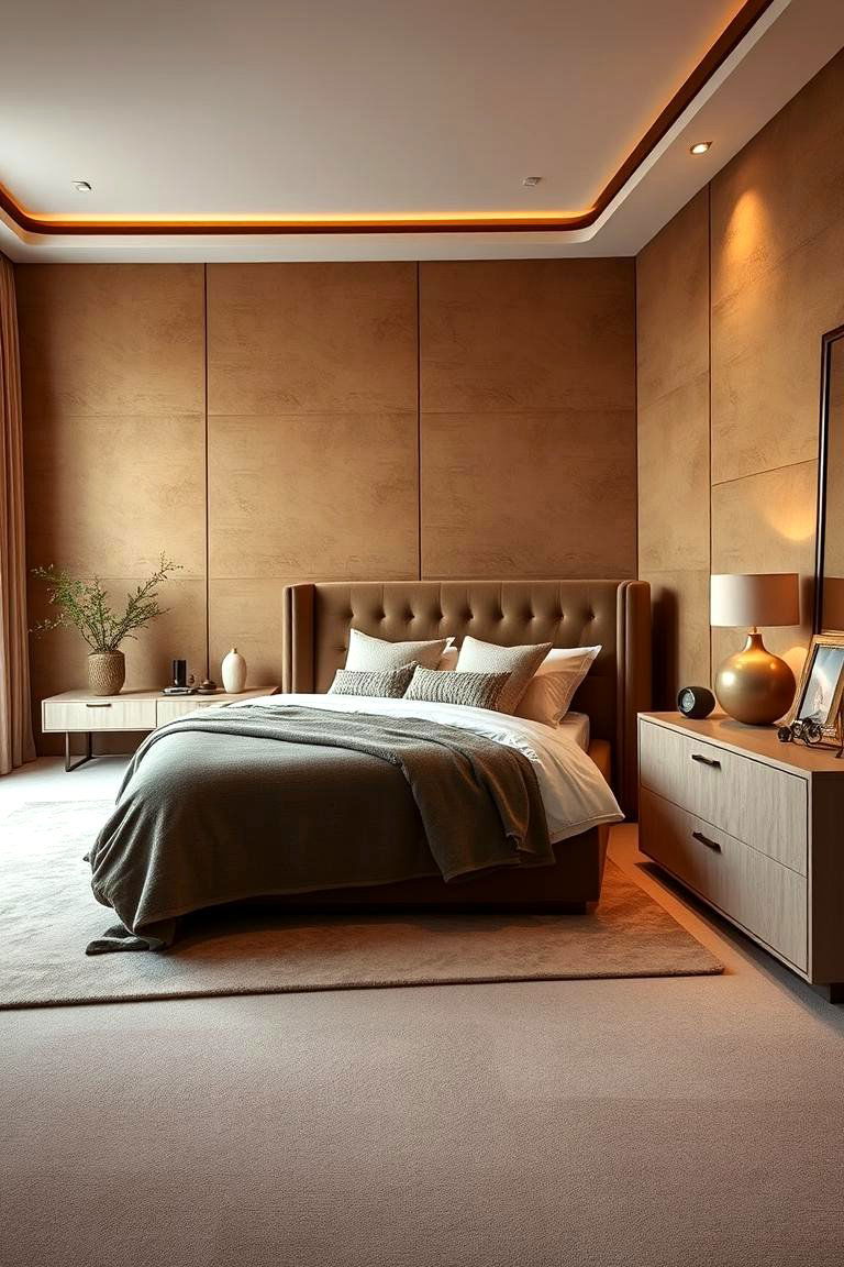 Luxe Tan with Textured Walls - 24 Tan Bedroom Ideas