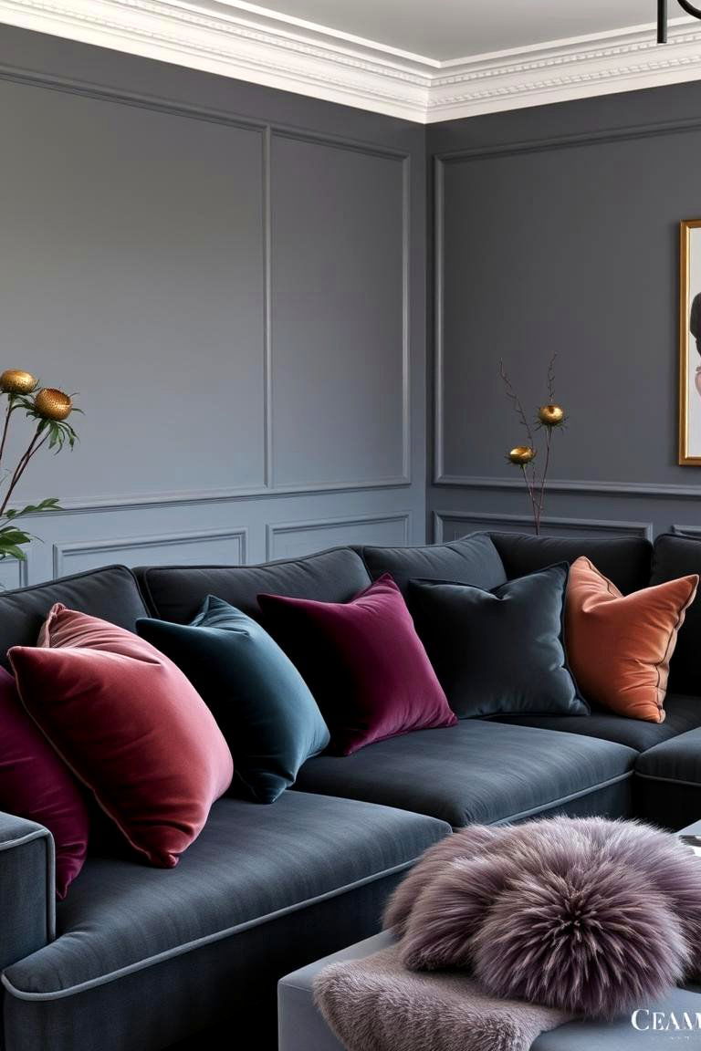 Luxe Velvet Pillows for Added Comfort - 24 dark grey couch living room ideas