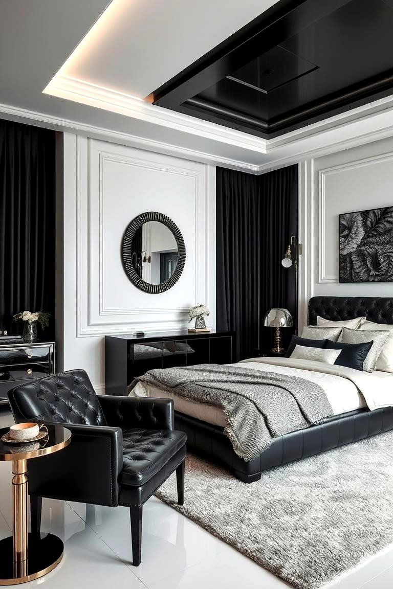 Luxurious Black Leather Accents - 24 Black and White Bedroom Ideas