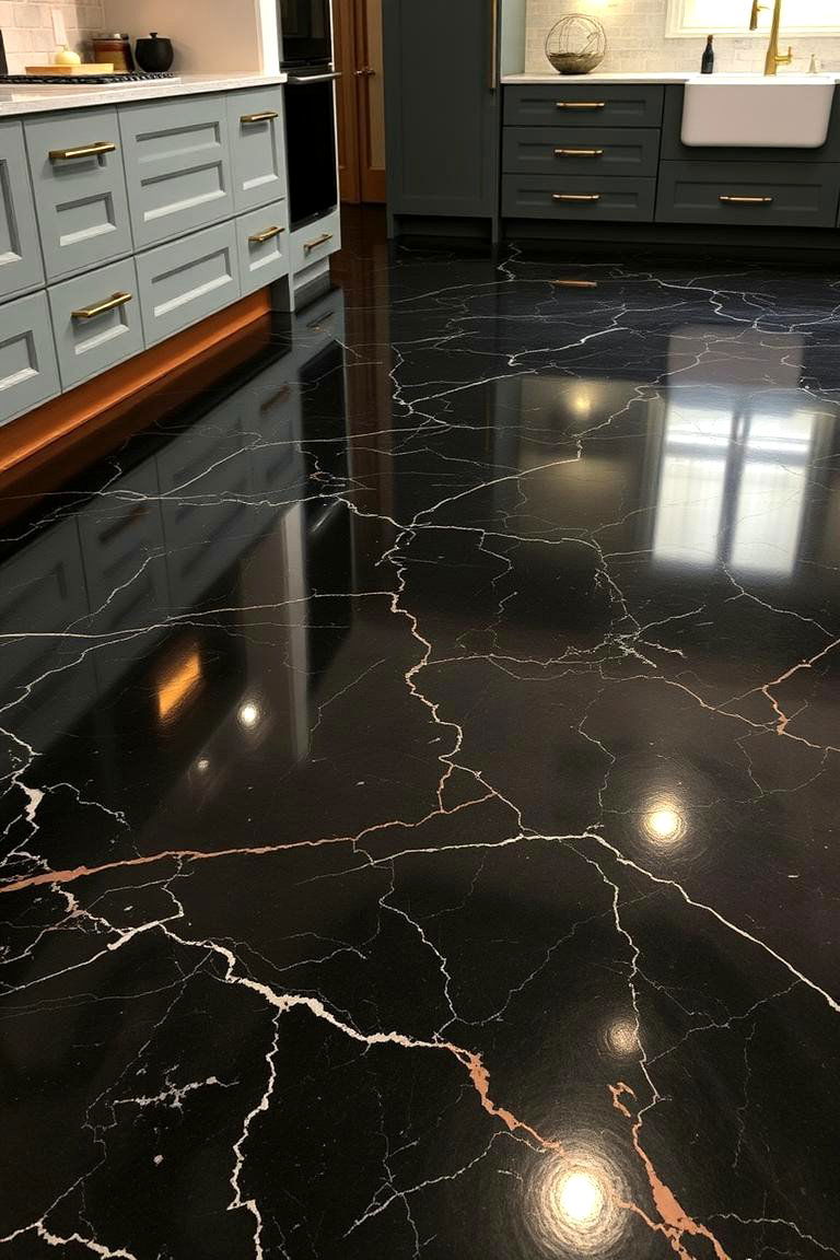 Luxurious Black Marble Floor with Copper Accents - 24 black and copper kitchen ideas