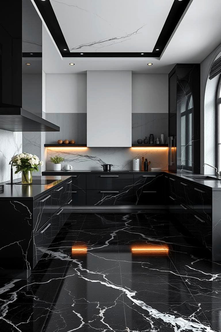 Luxurious Black Marble Inspired Floor - 24 Black Floor Kitchen Ideas