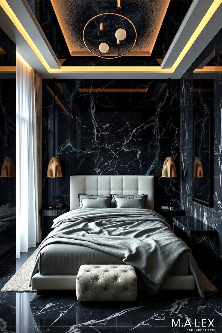 Luxurious Black Marble and Subtle Blue Highlights - 24 Black and Blue Bedroom Ideas