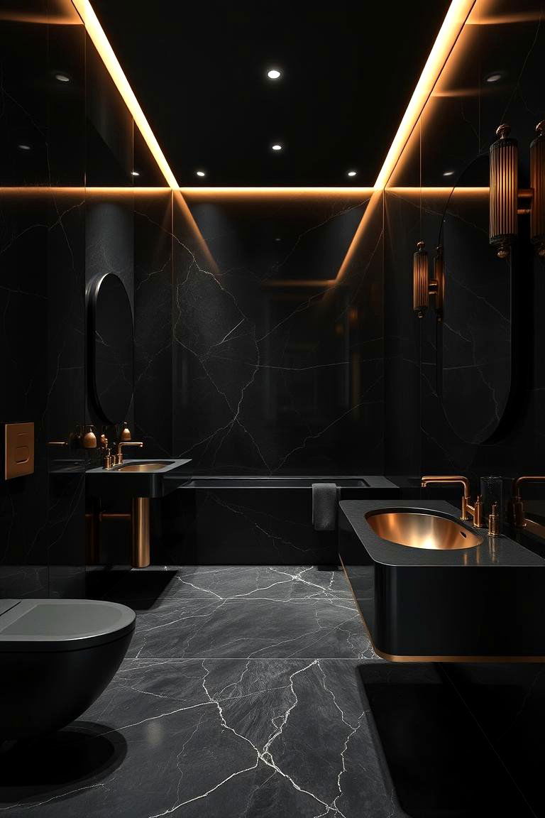Luxurious Black with Metallic Finishes - 24 Dark Bathroom Ideas