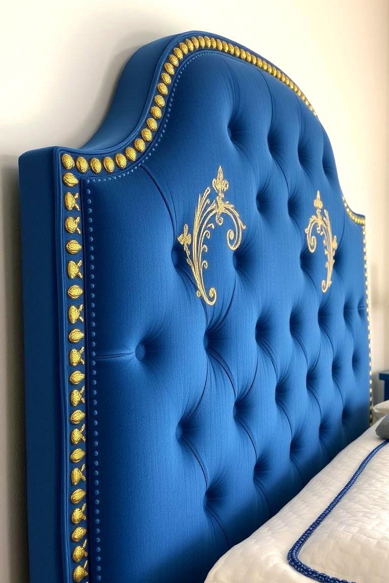 Luxurious Blue Upholstered Headboard with Gold Detailing - 24 Blue and Gold Bedroom Ideas