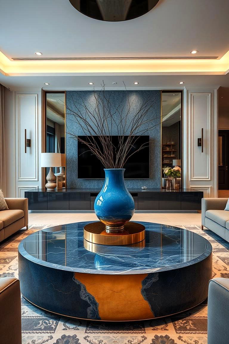 Luxurious Blue and Gold Coffee Table Centerpiece - 24 Blue and Gold Living Room Ideas