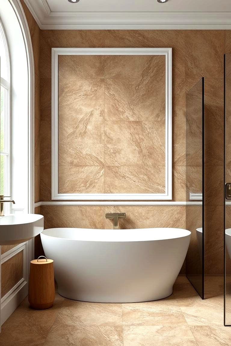 Luxurious Brown Stone Tiles with White Trim - 24 Brown and White Bathroom Ideas