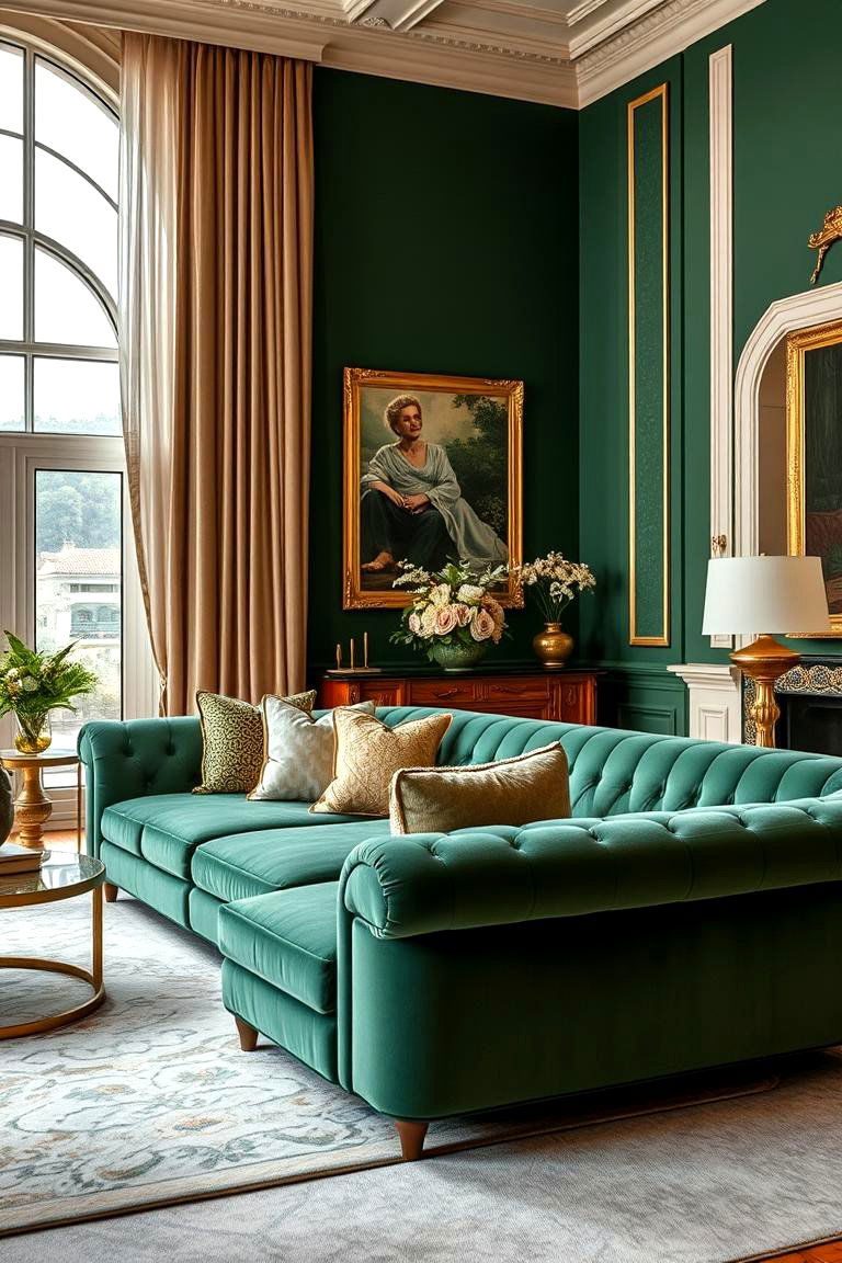 Luxurious Comfort with Plush Green Sofas and Gold Accents - 24 Green and Gold Living Room Ideas