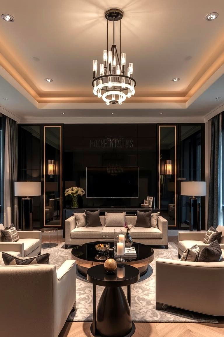 Luxurious Cream and Black with Statement Lighting - 24 Cream and Black Living Room Ideas