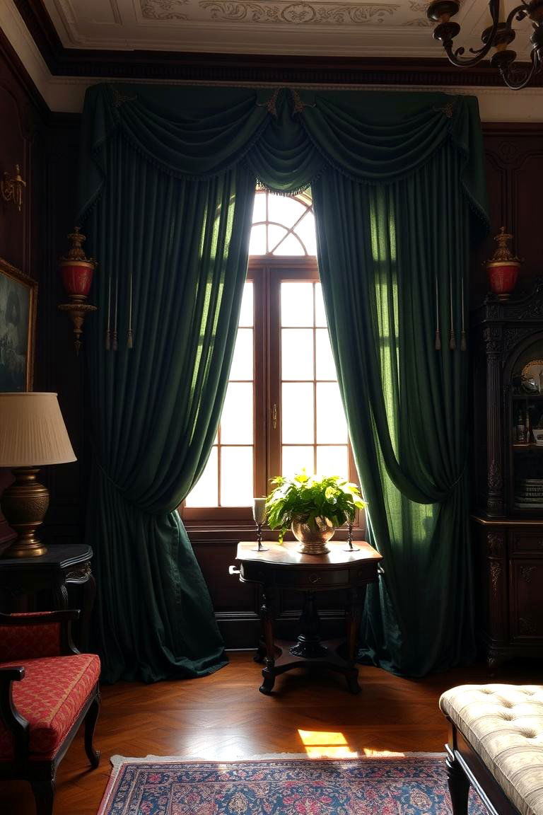 Luxurious Dark Green Curtains and Drapes - 24 Victorian Dark Green Living Room Ideas