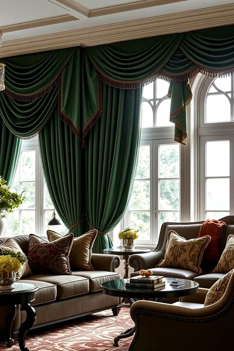 Luxurious Dark Green Drapery - 24 Dark Green Living Room Ideas