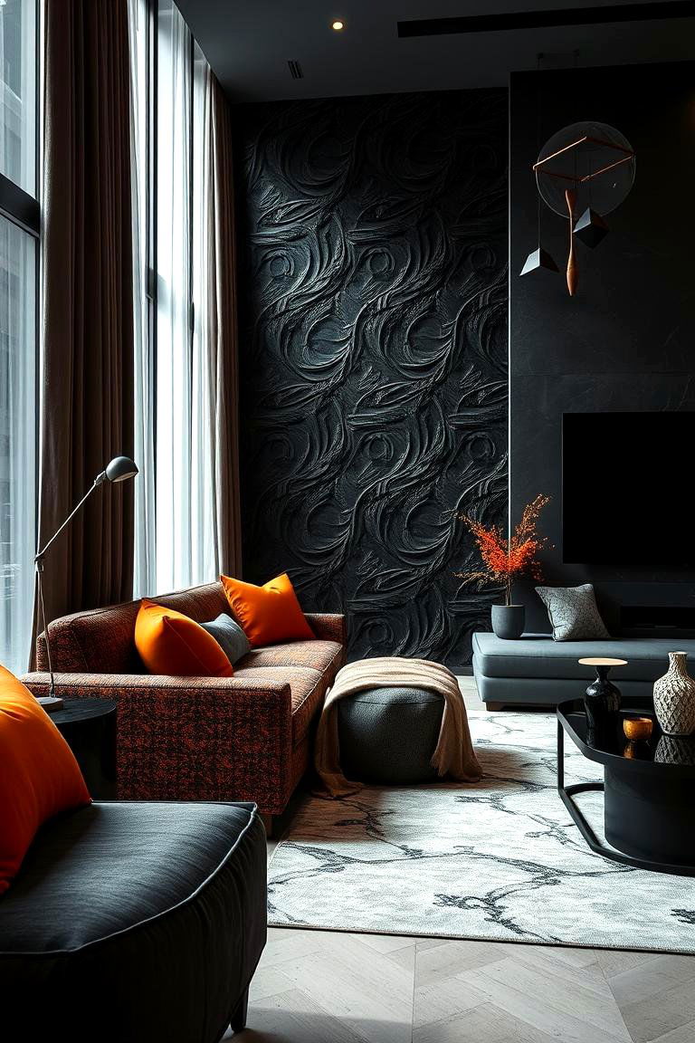 Luxurious Details Black and Orange Textured Accents - 24 Black and Orange Living Room Ideas