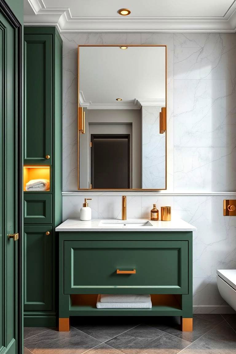 Luxurious Green Vanity with Gold Accents - 24 Green and Gold Bathroom Ideas
