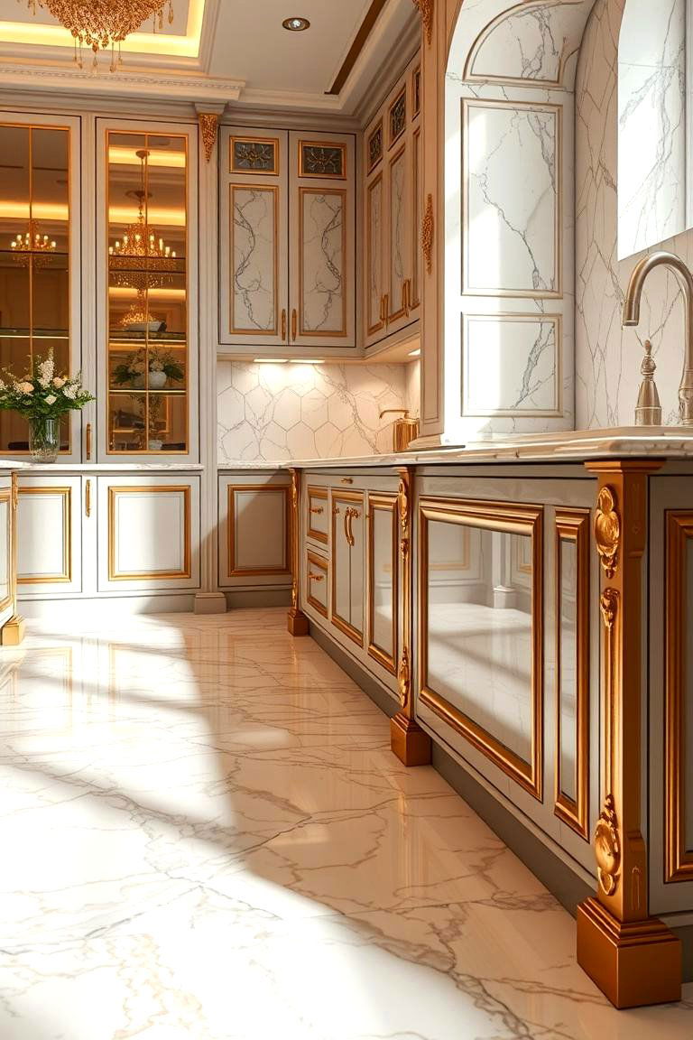 Luxurious Marble with Gold Accents - 24 Marble Kitchen Floor Ideas