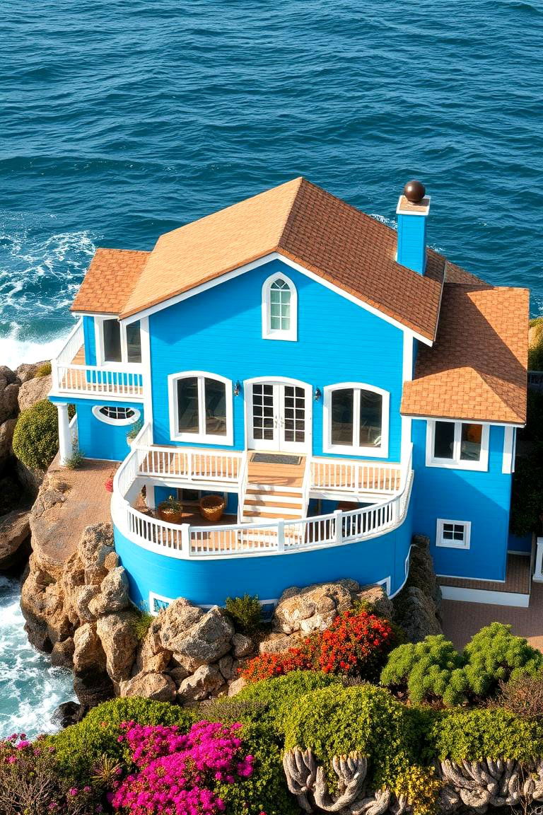 Luxurious Seaside Escape - 24 blue exterior home with a brown roof ideas