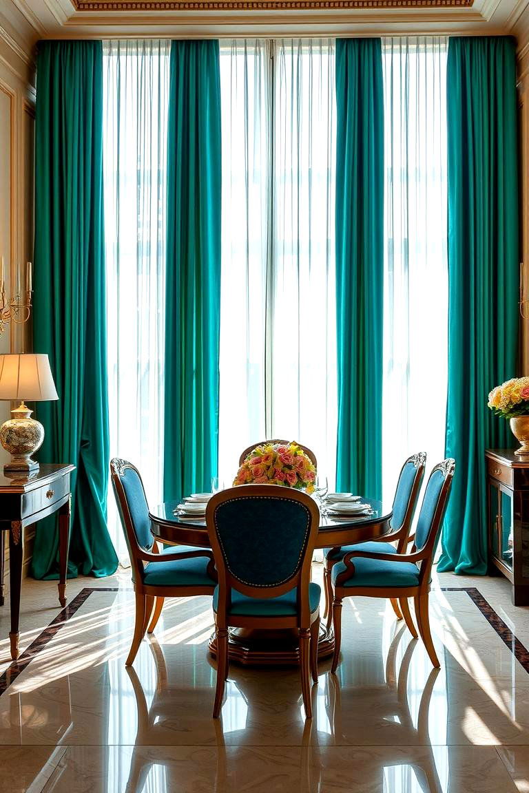 Luxurious Silk Curtains - 24 Art Deco Dining Room Ideas