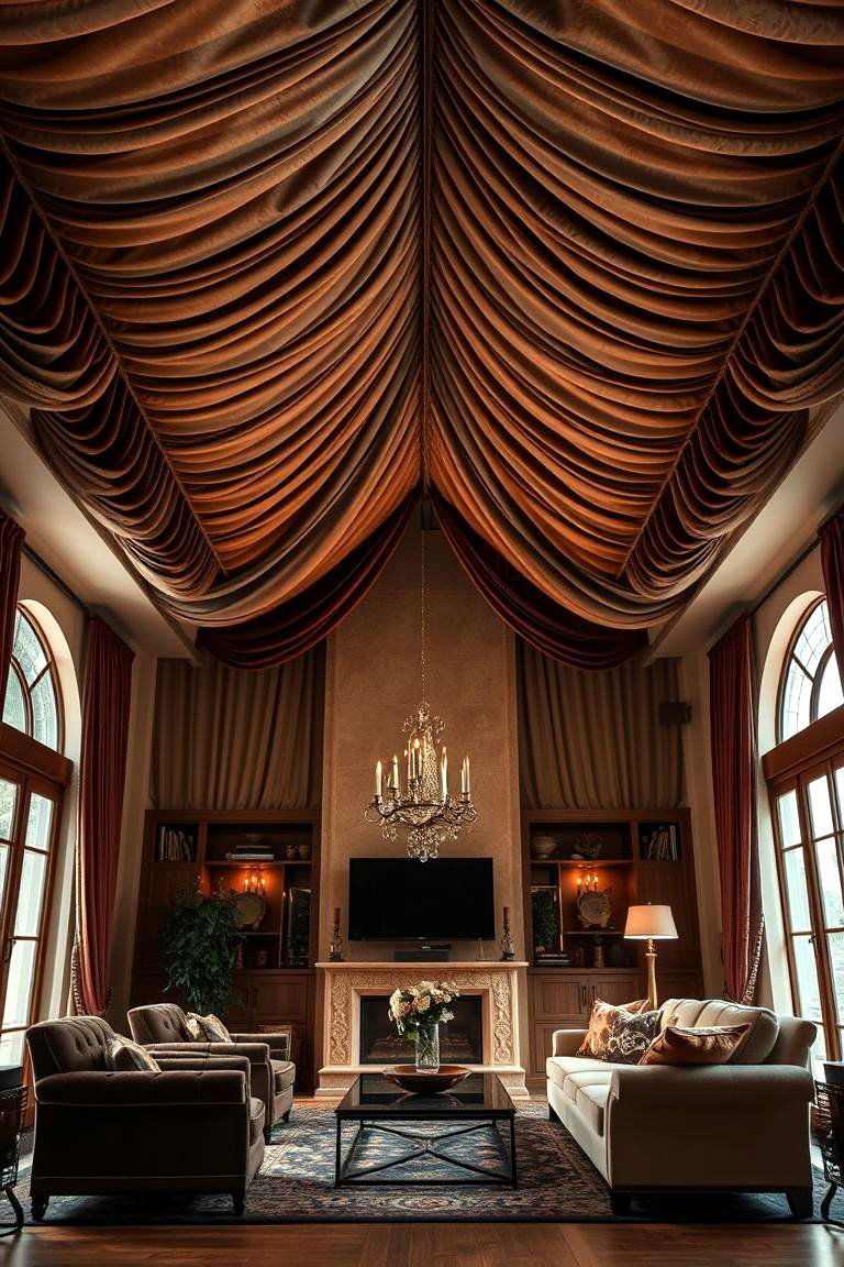 Luxurious Velvet Draping Vault - 24 Living Room Vaulted Ceiling Ideas