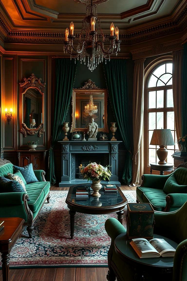 Luxurious Velvet Upholstery in Deep Dark Green - 24 Victorian Dark Green Living Room Ideas