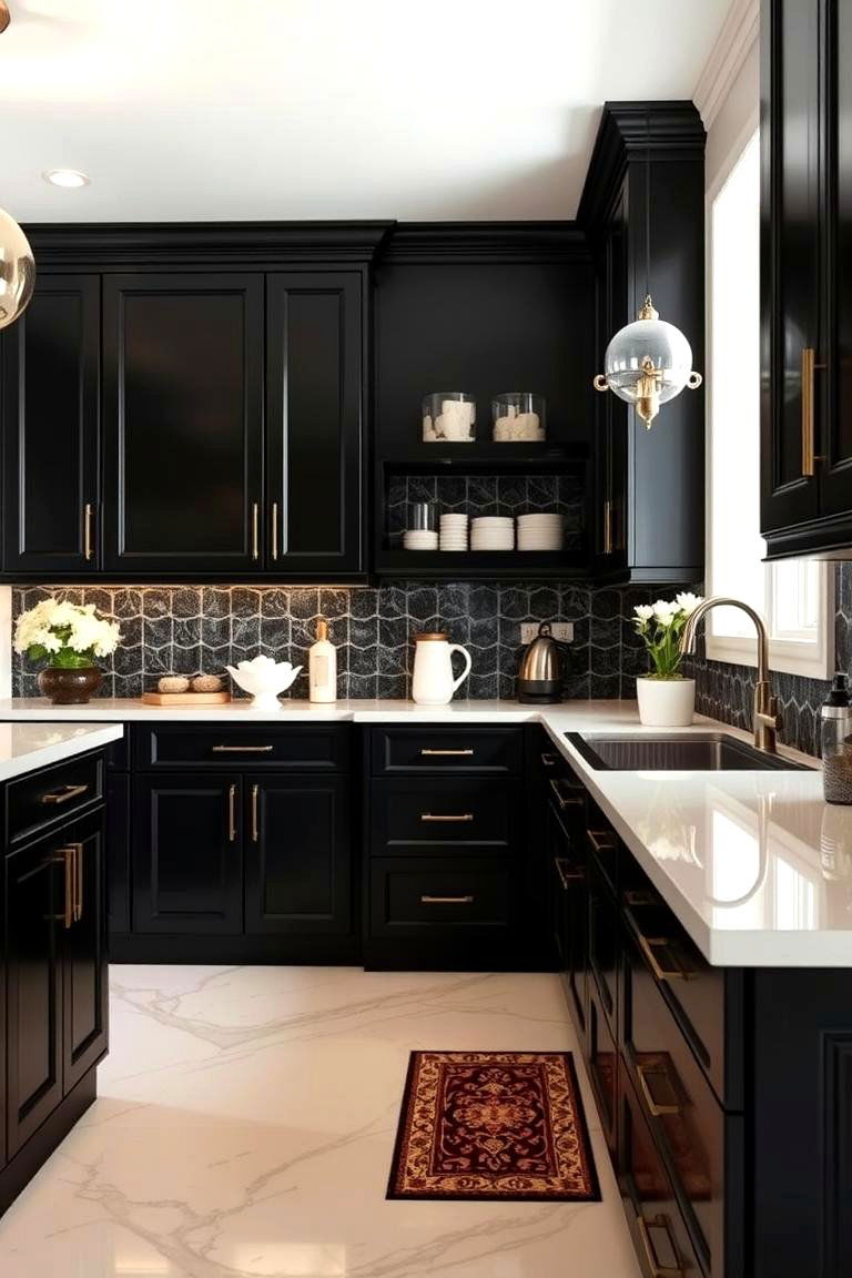 Luxury Finishing Touches - 24 Black Kitchen Cabinets With White Countertops