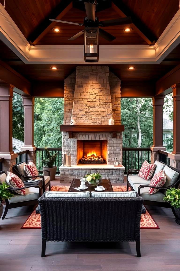 Luxury Front Porch with Fireplace - 24 Modern Front Porch Ideas