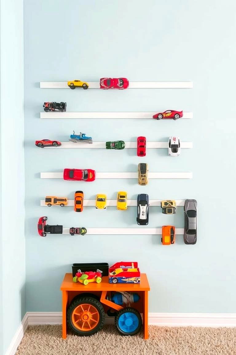 Magnetic Strips for Toy Car Display and Storage - 24 Playroom Storage Ideas