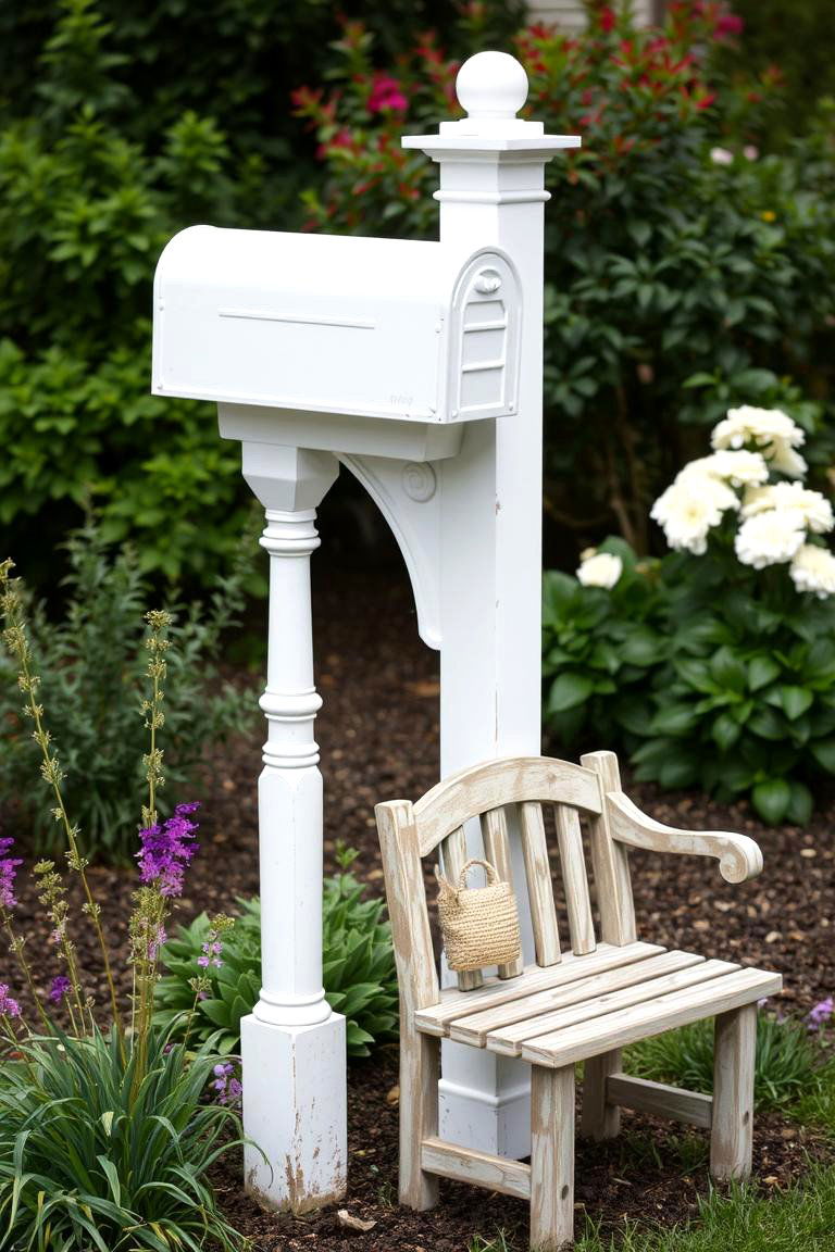 Mailbox Post with a Small Bench Nearby - 24 Mailbox Post Ideas