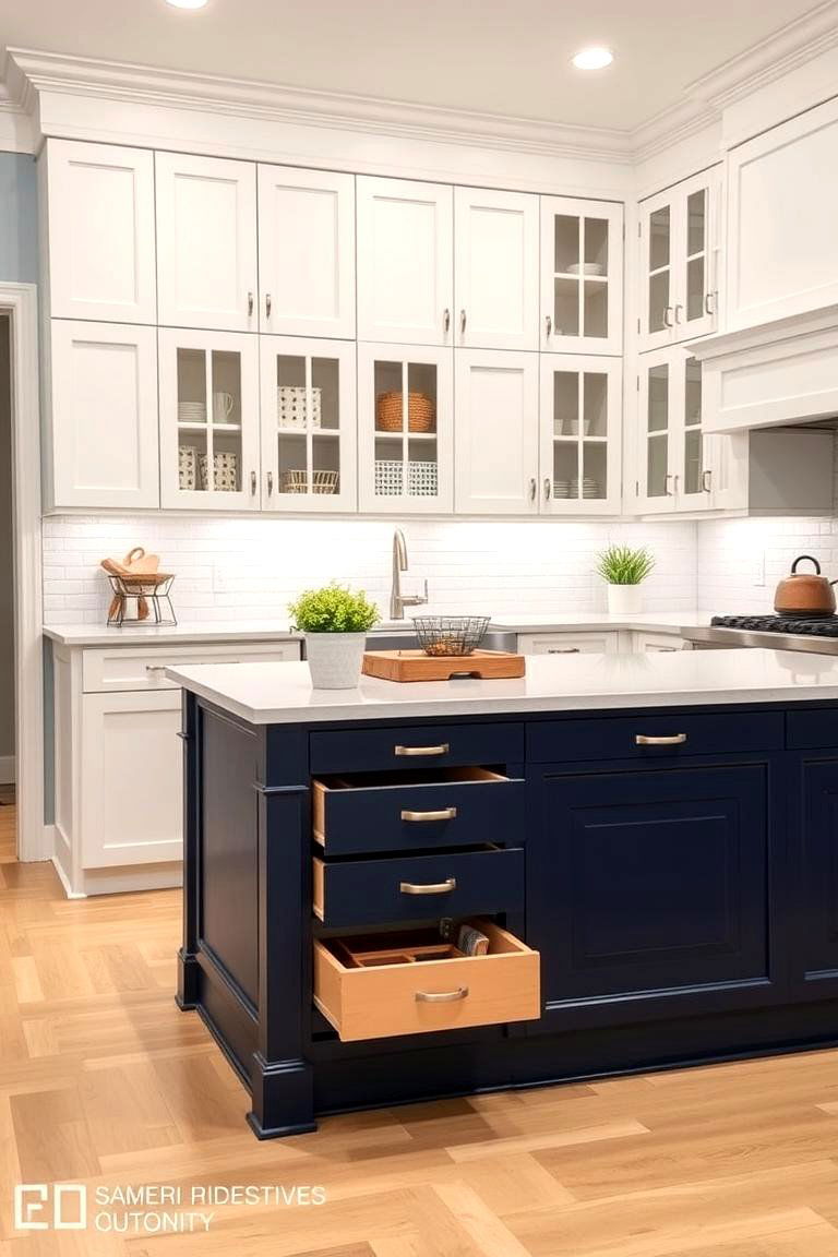 Maintaining a Clean and Bright Space - 24 White Kitchen Cabinets With Blue Island