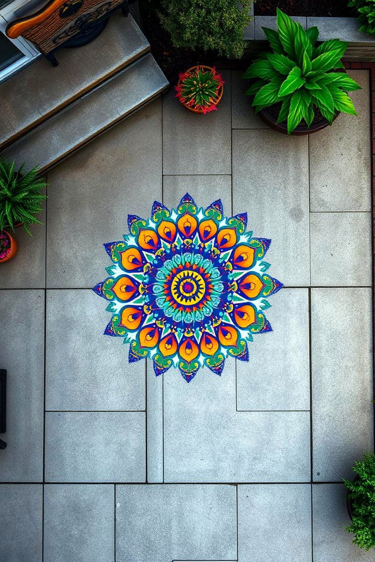 Mandala Art Centerpiece - 24 Painted Concrete Patio Ideas