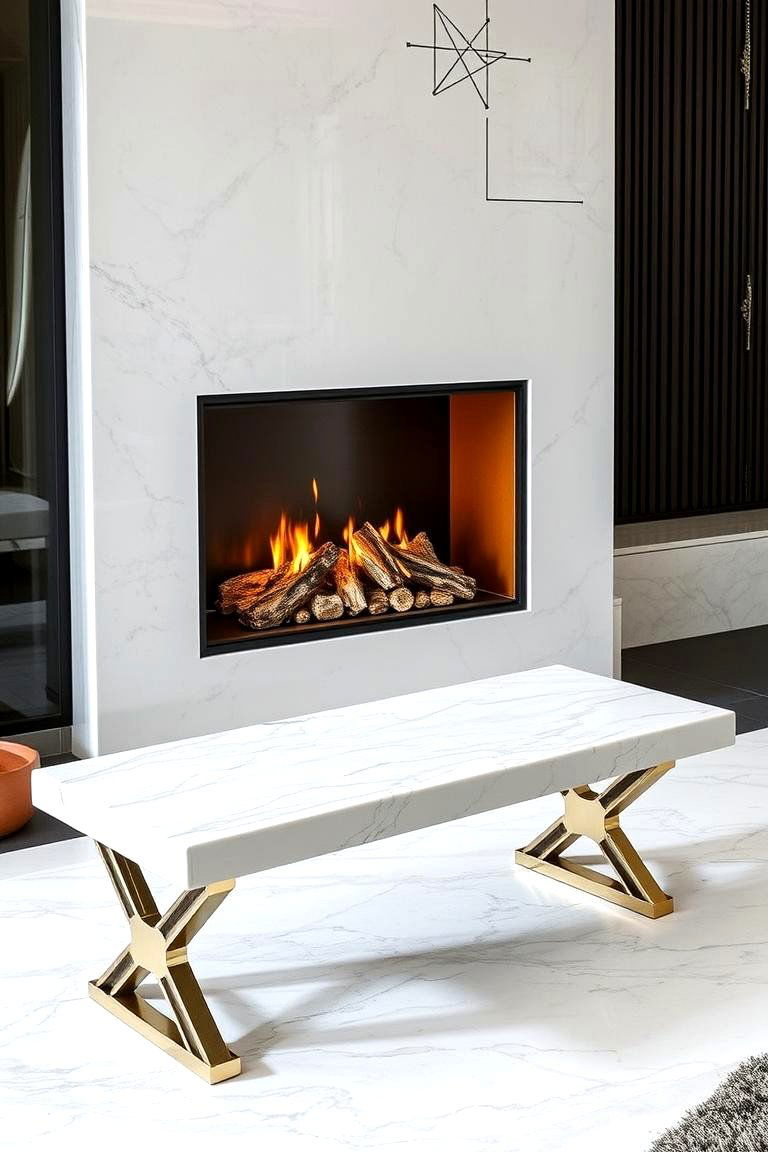 Marble Bench with Metallic Accents - 24 Fireplace Bench Ideas
