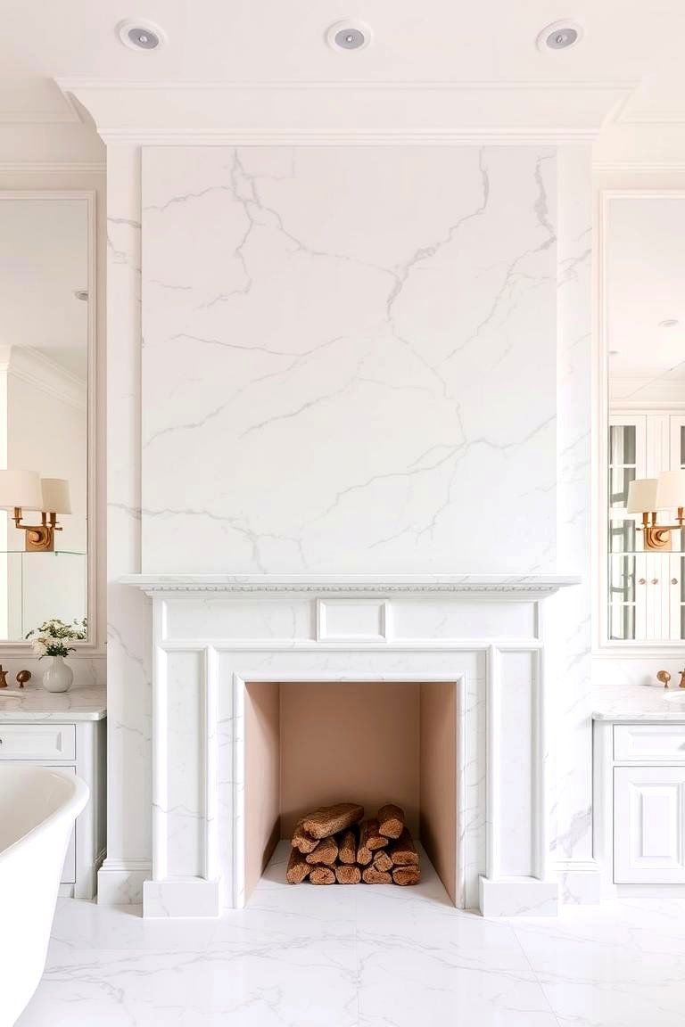 Marble Fireplace Surround in a large bathroom - 24 Marble Bathroom Ideas