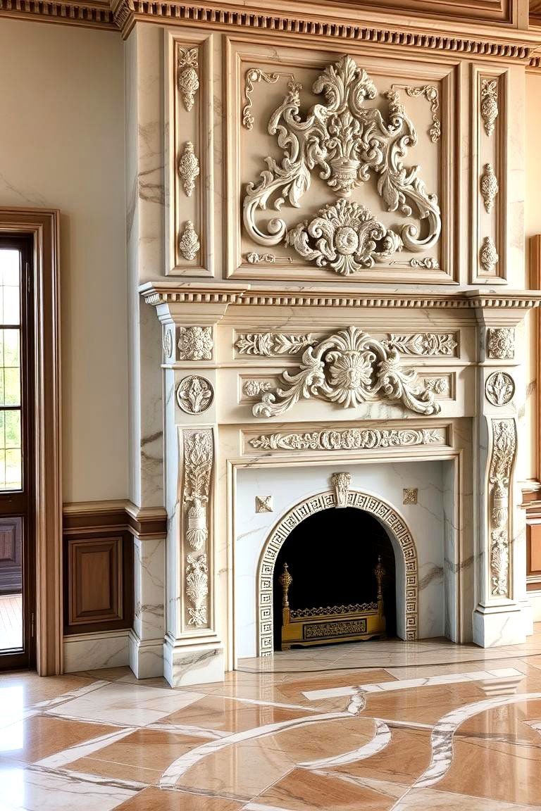 Marble Fireplace with Intricate Carvings - 24 Marble Fireplace Ideas