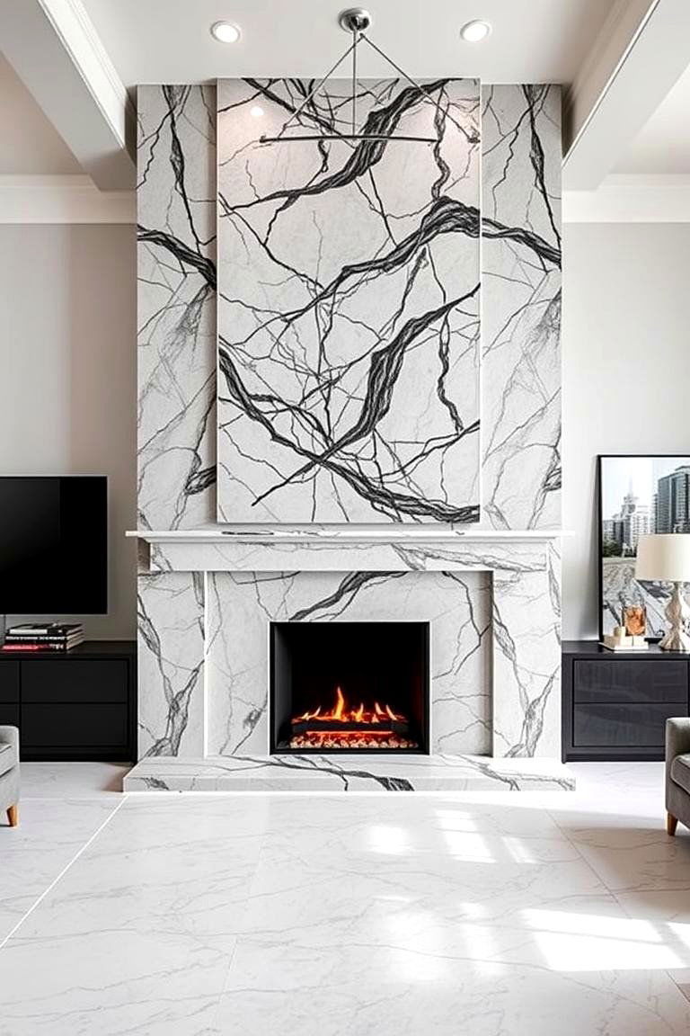 Marble Fireplace with a Stone Accent Wall - 24 Marble Fireplace Ideas