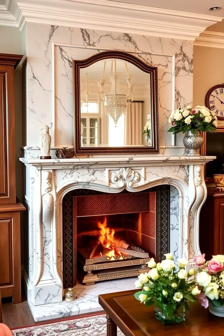 Marble Mantel with Floral Inlay - 24 French Country Fireplace Ideas