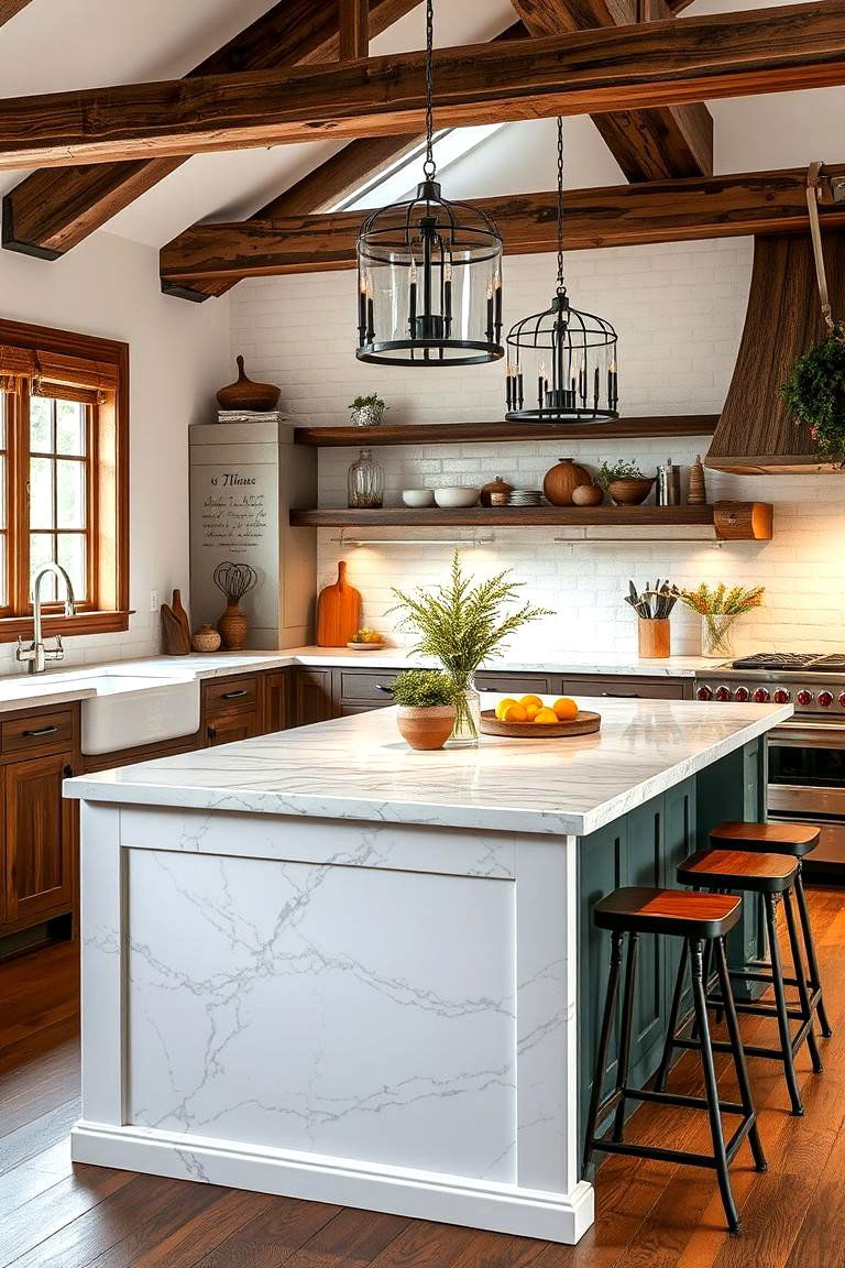 Marble Topped Island - 24 Farmhouse Kitchen Island Ideas