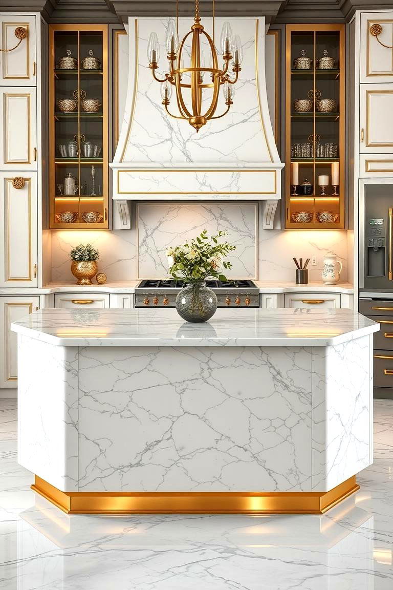 Marble and Brass Detailing - 24 Marble Kitchen Island Ideas