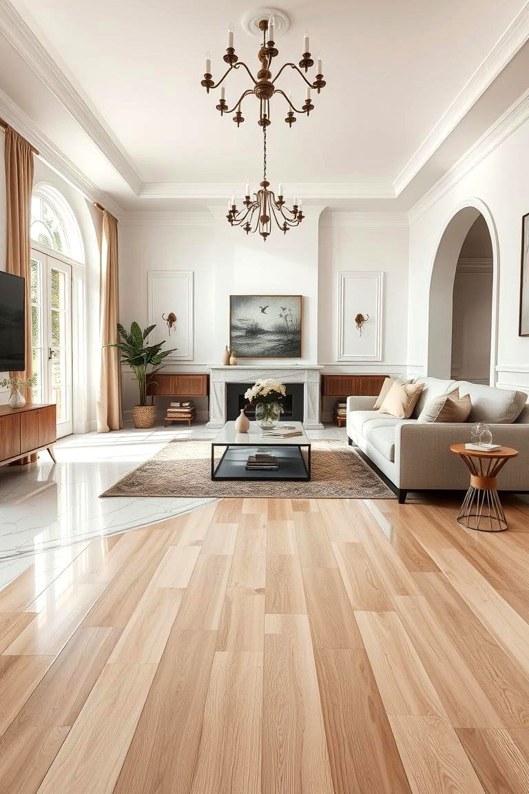 Marble and Wood Combination for Warmth - 24 Marble Floor Living Room Ideas