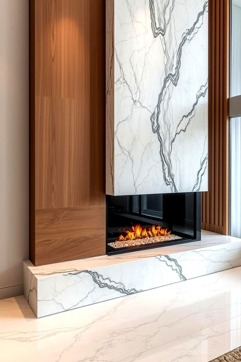 Marble and Wood Fusion - 24 Fireplace Accent Wall Ideas