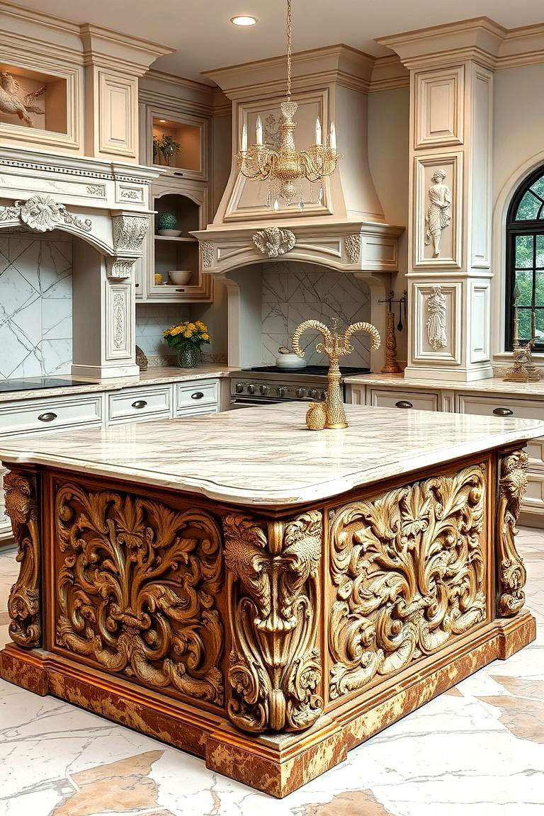 Marble with Artistic Carvings - 24 Marble Kitchen Island Ideas
