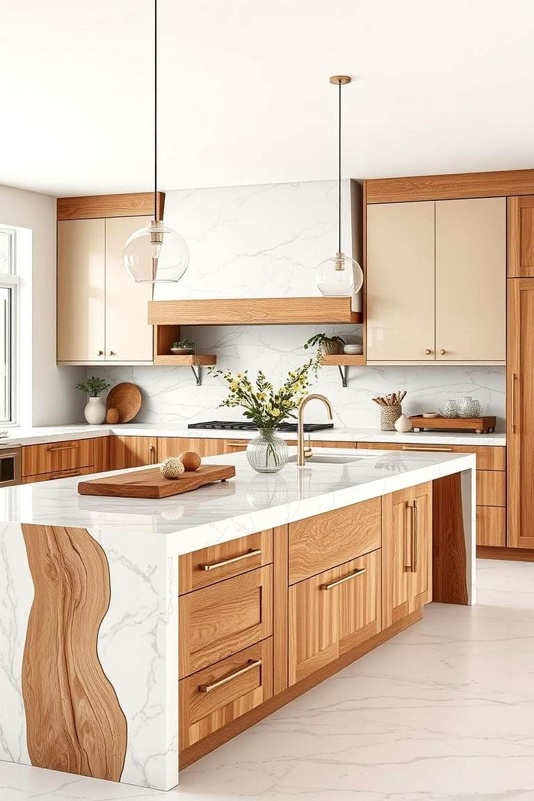 Marble with Contrasting Wood - 24 Marble Kitchen Island Ideas