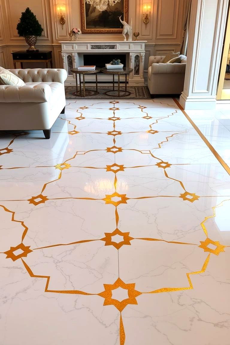 Marble with Metallic Inlays for Sparkle - 24 Marble Floor Living Room Ideas