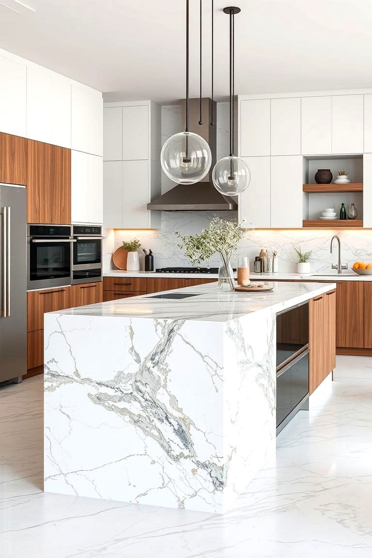 Marble with Mixed Material Contrast - 24 Marble Kitchen Island Ideas