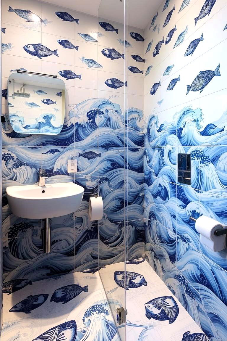 Marine Patterned Tiles - 24 Coastal Bathroom Ideas