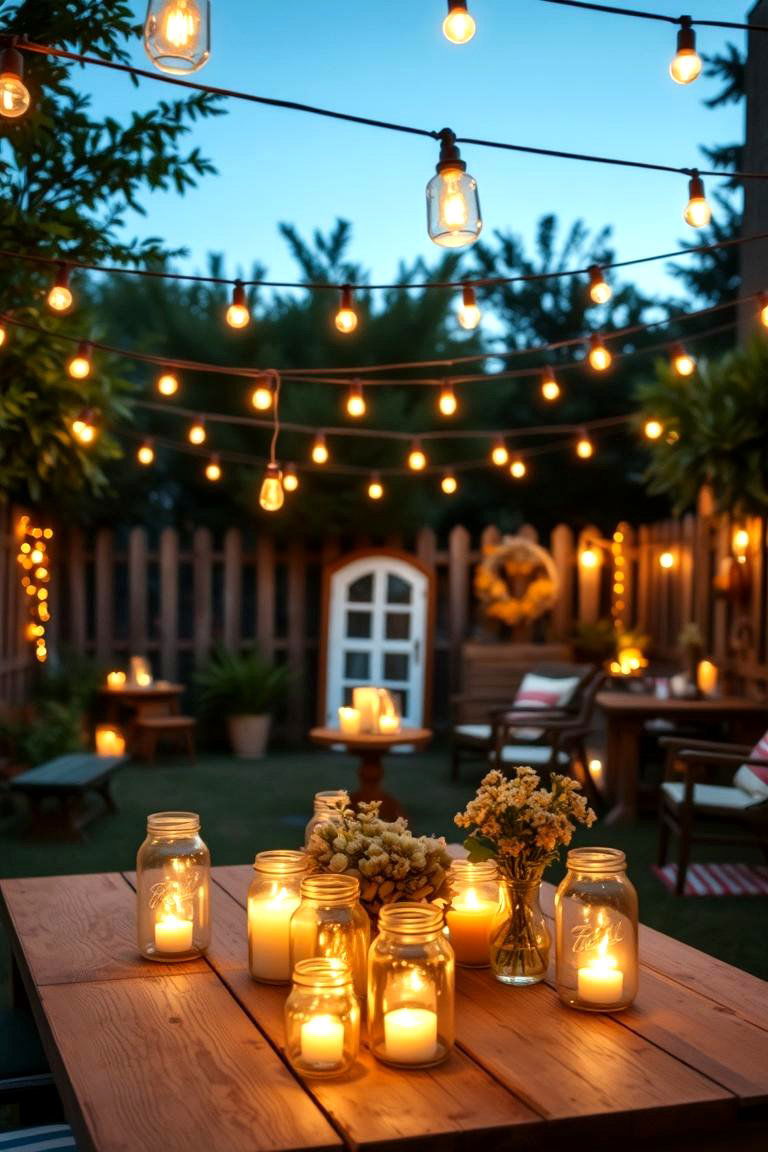 Mason Jar Lighting - 24 Cheap Backyard Makeover Ideas