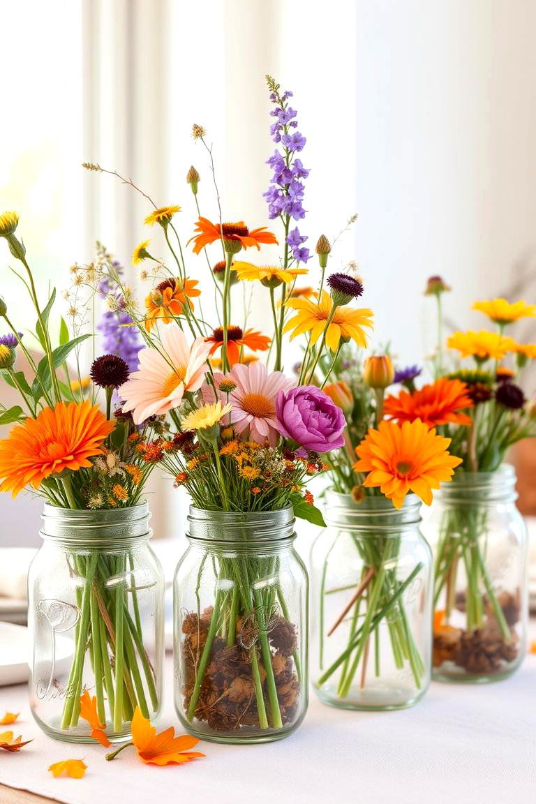Mason Jar Vases with Wildflowers - 24 Fall Table Decor Ideas