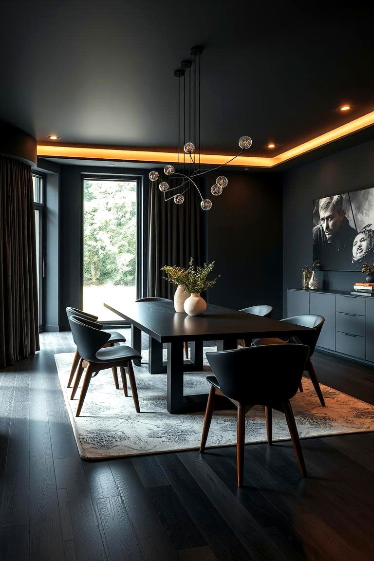 Matte Black Finishes with Warm Wood - 24 Moody Dining Room Ideas