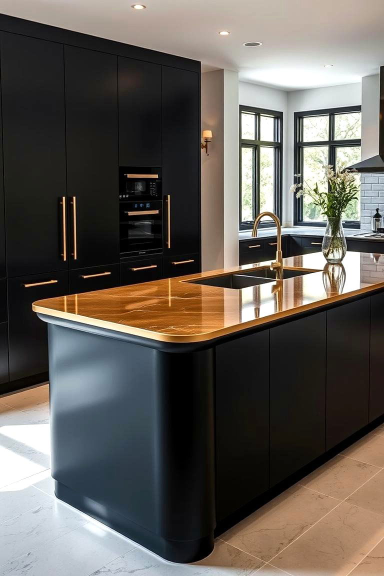 Matte Black Kitchen Islands with Gold Countertops - 24 Black and Gold Kitchen Ideas